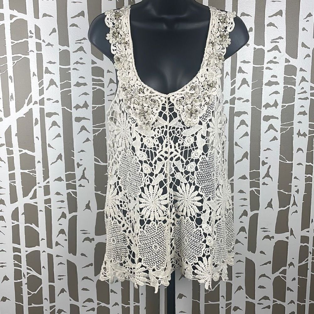 Ivory Floral Crochet Jeweled Collar Tank Top